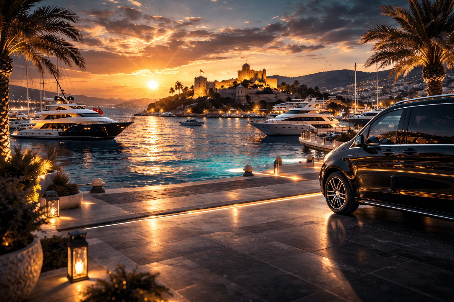 Bodrum VIP Transfer luxury vehicle with Bodrum scenery